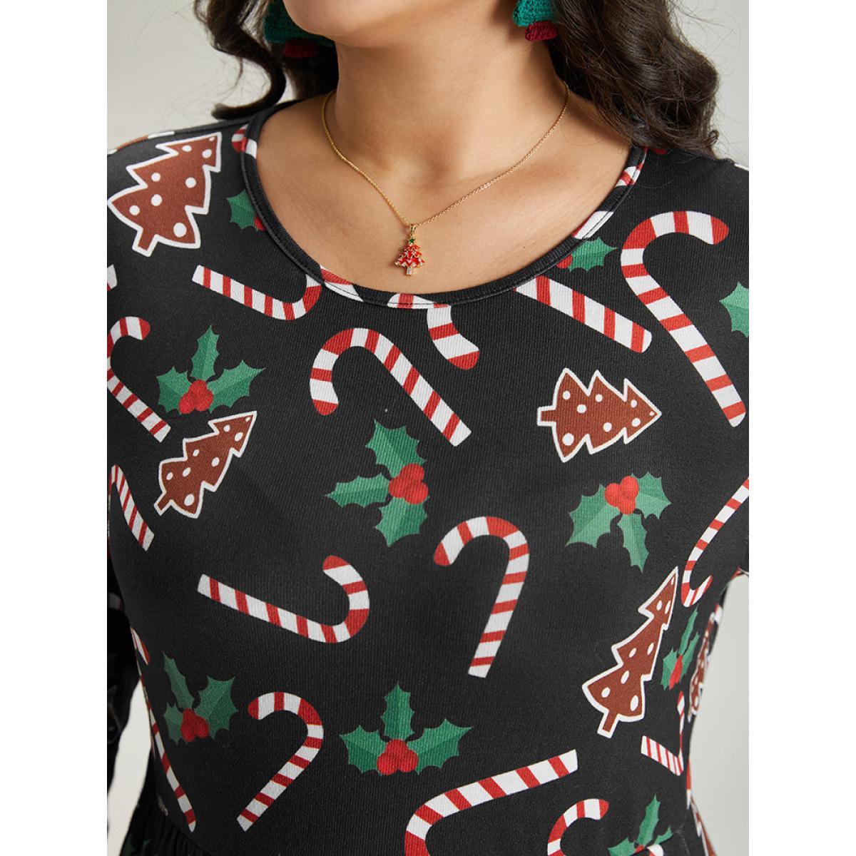 Plus Size Christmas Print Pocket Elastic Waist Dress Black Women Casual Printed Round Neck Long Sleeve Curvy Midi Dress BloomChic 26/4X Product Image