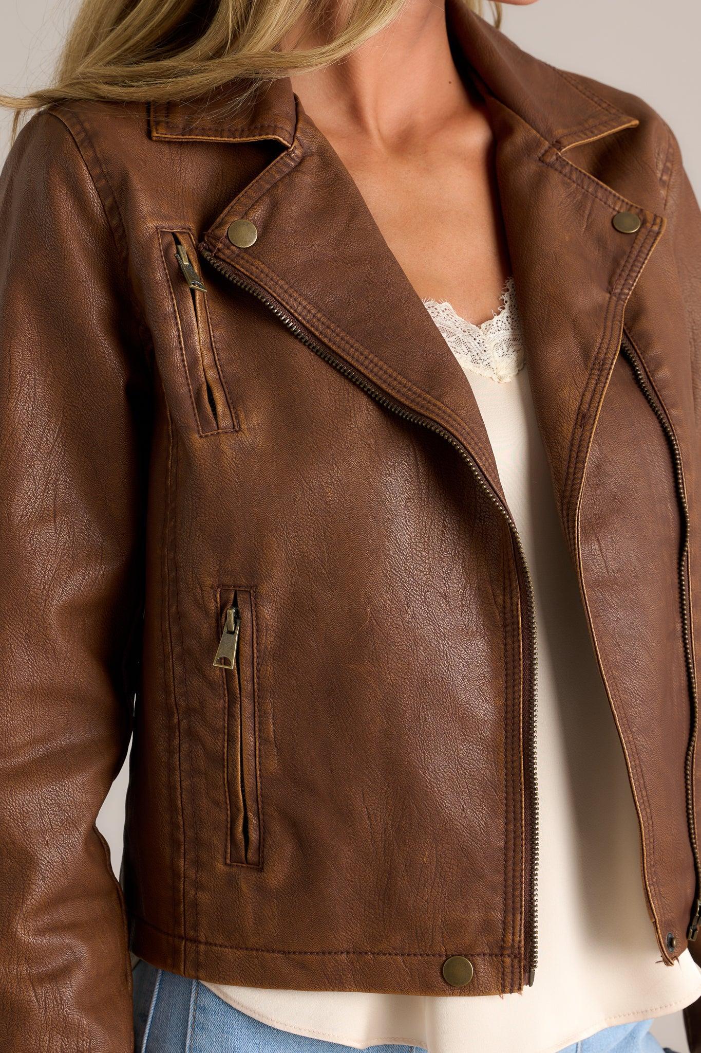Let's Ride Brown Faux Leather Moto Jacket Product Image