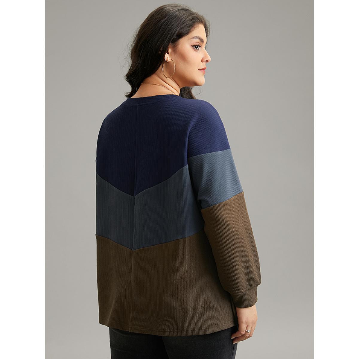 Plus Size Colorblock Rib Knit Drop Shoulder Sweatshirt Women Multicolor Casual Contrast Round Neck Dailywear Sweatshirts BloomChic 30/6X Product Image