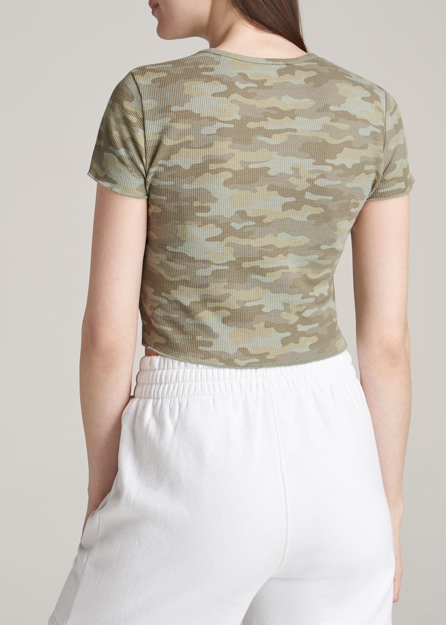 Cropped Waffle Tee for Tall Women in Green Camo Print Product Image