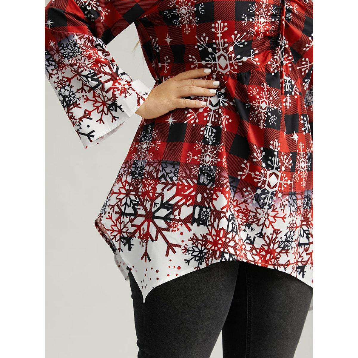 Plus Size Scarlet Oh-so-Chilly Plaid Ties Hanky Hem Blouse Women Elegant Long Sleeve V-neck Festival-Christmas Blouses BloomChic 12/L Product Image