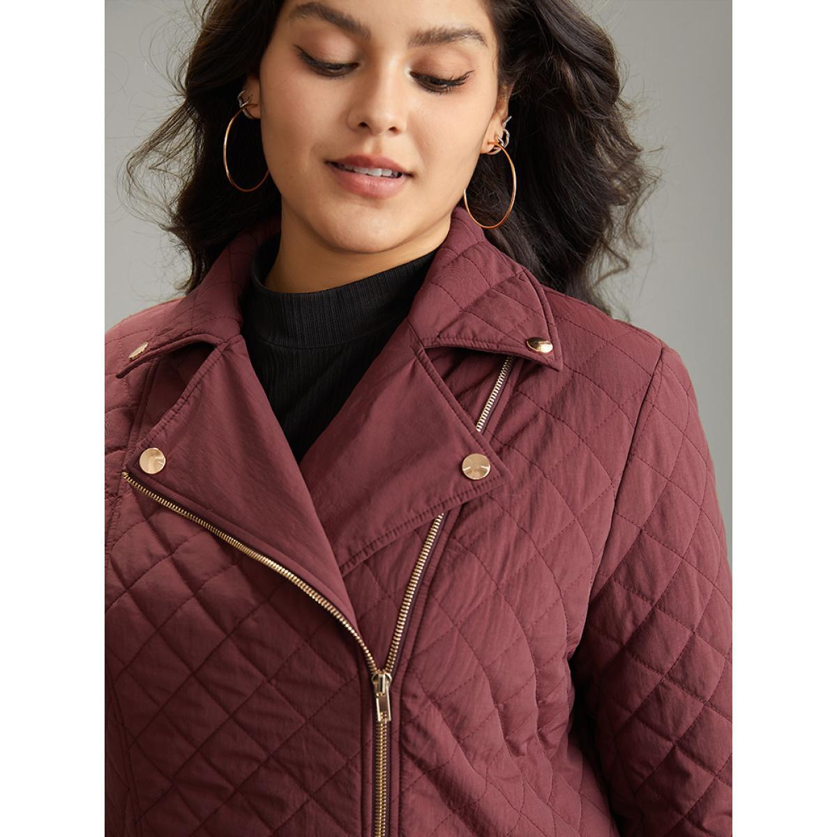 Plus Size Zipper Fly Quilted Button Detail Lapel Collar Jacket Women Burgundy Texture Pocket Dailywear Jackets BloomChic 22-24/3X Product Image