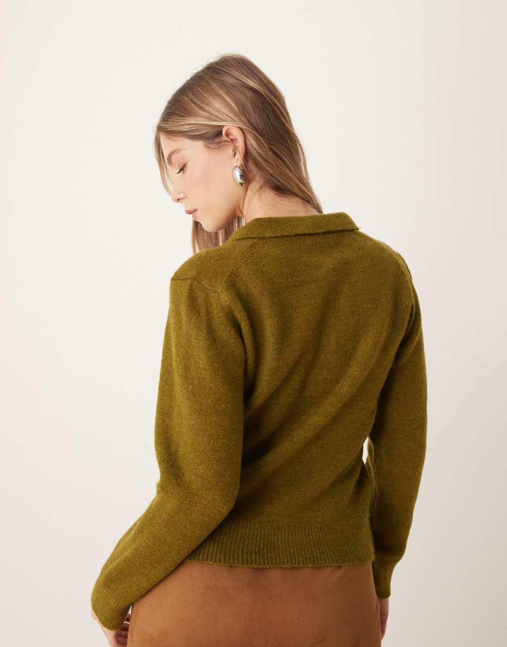 ASOS DESIGN knit collared sweater in olive Product Image