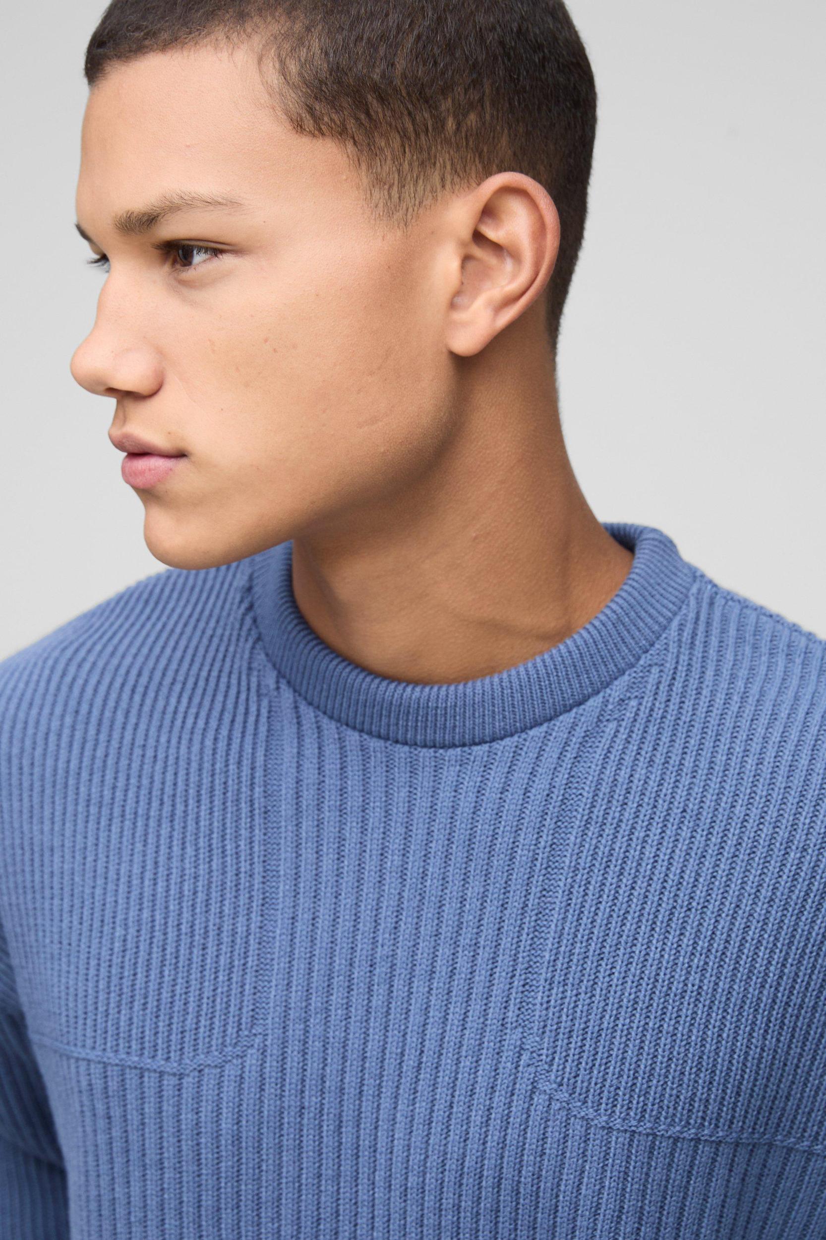 Boxy Fit Ribbed Cross Crew Neck Knitted Sweater | boohooMAN USA Product Image