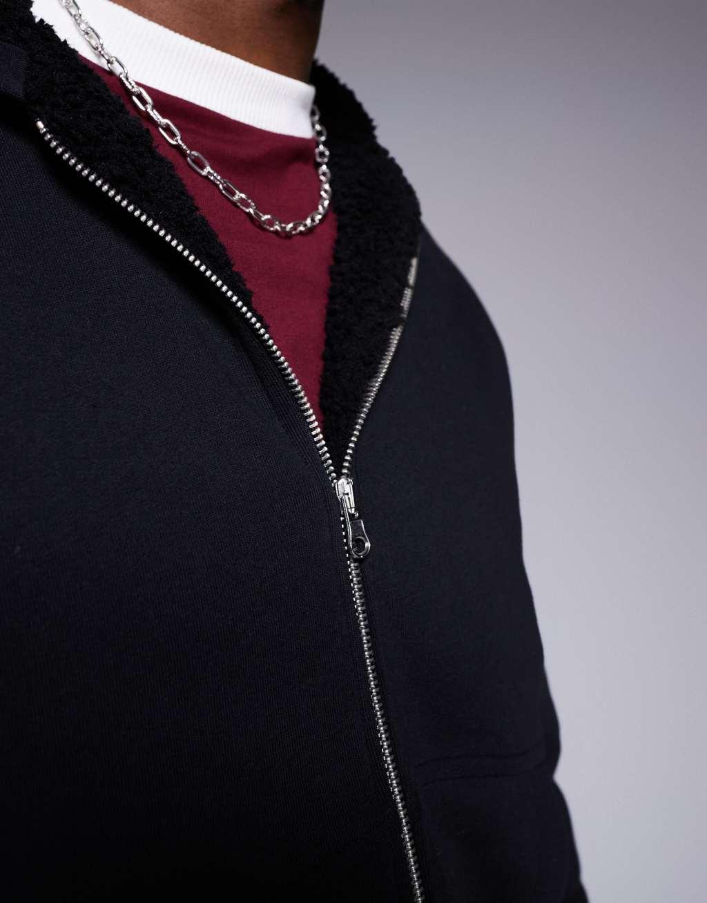 ASOS DESIGN oversized boxy zip through hoodie with borg lining in black Product Image