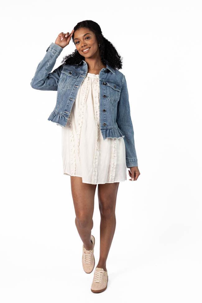 Denim Dreams Light Wash Peplum Detail Denim Jacket Product Image