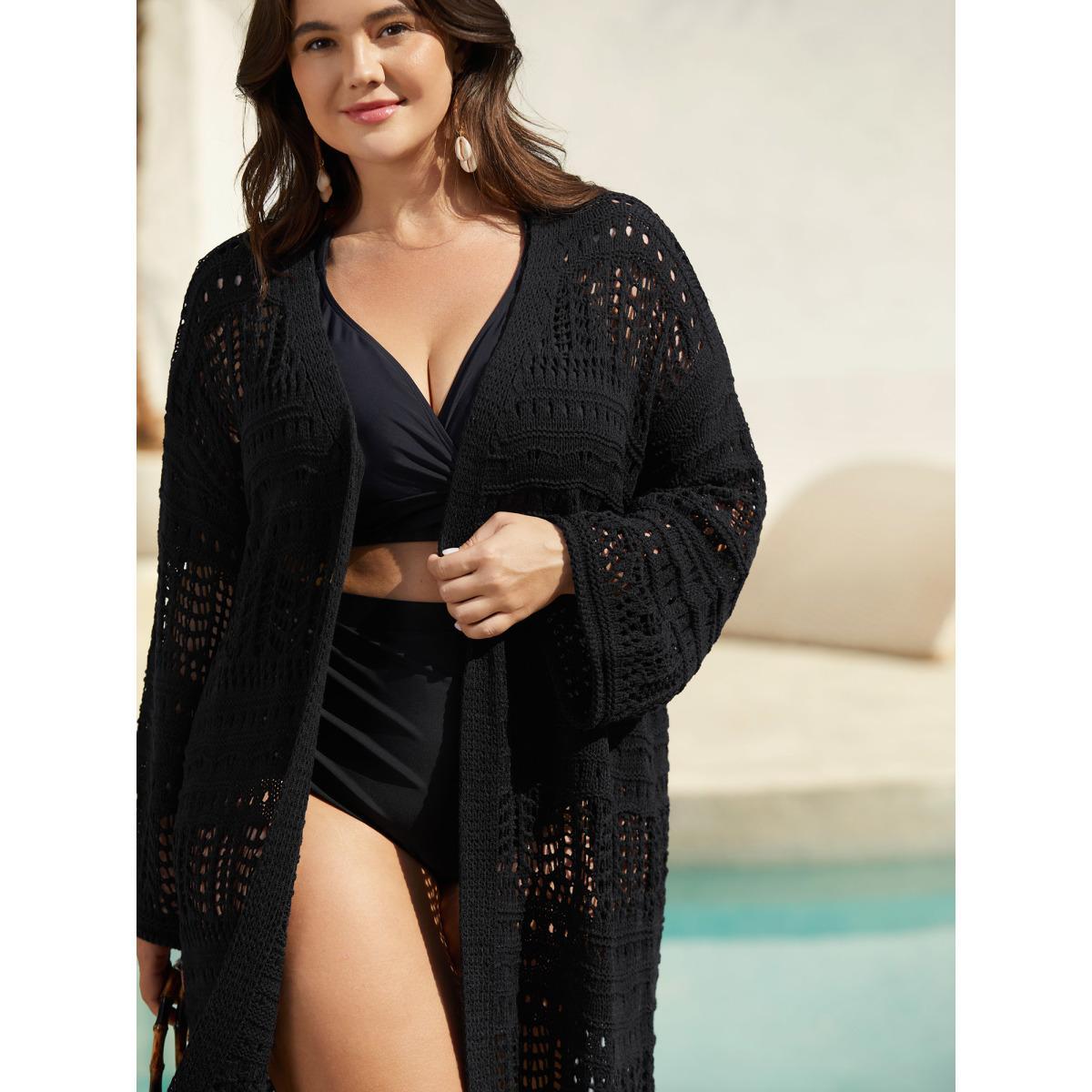 Plus Size Cut-Out Open Front Swim Cover-Up Women's Swimwear Black Beach Loose Cut-Out Curve Swim Cover Ups BloomChic 14-16/1X Product Image