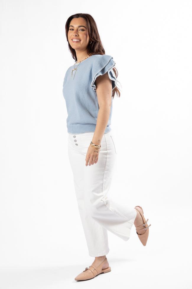 Everywhere and Back Light Blue Flutter Sleeve Stitched Detail Sweater SALE Product Image