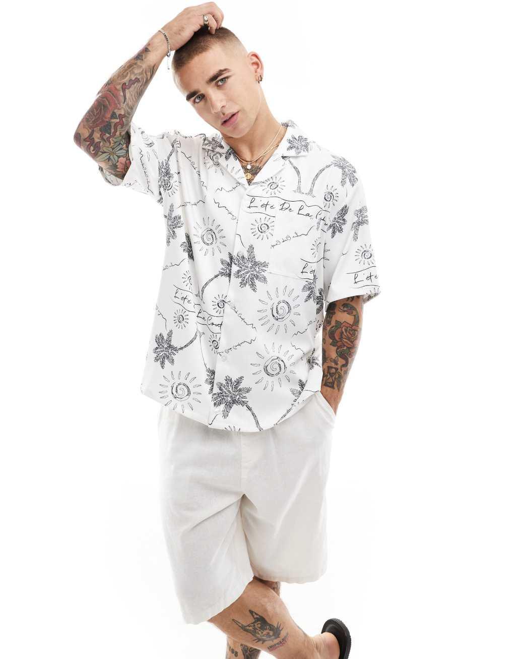 The Couture Club palm print embroidery shirt in white Product Image