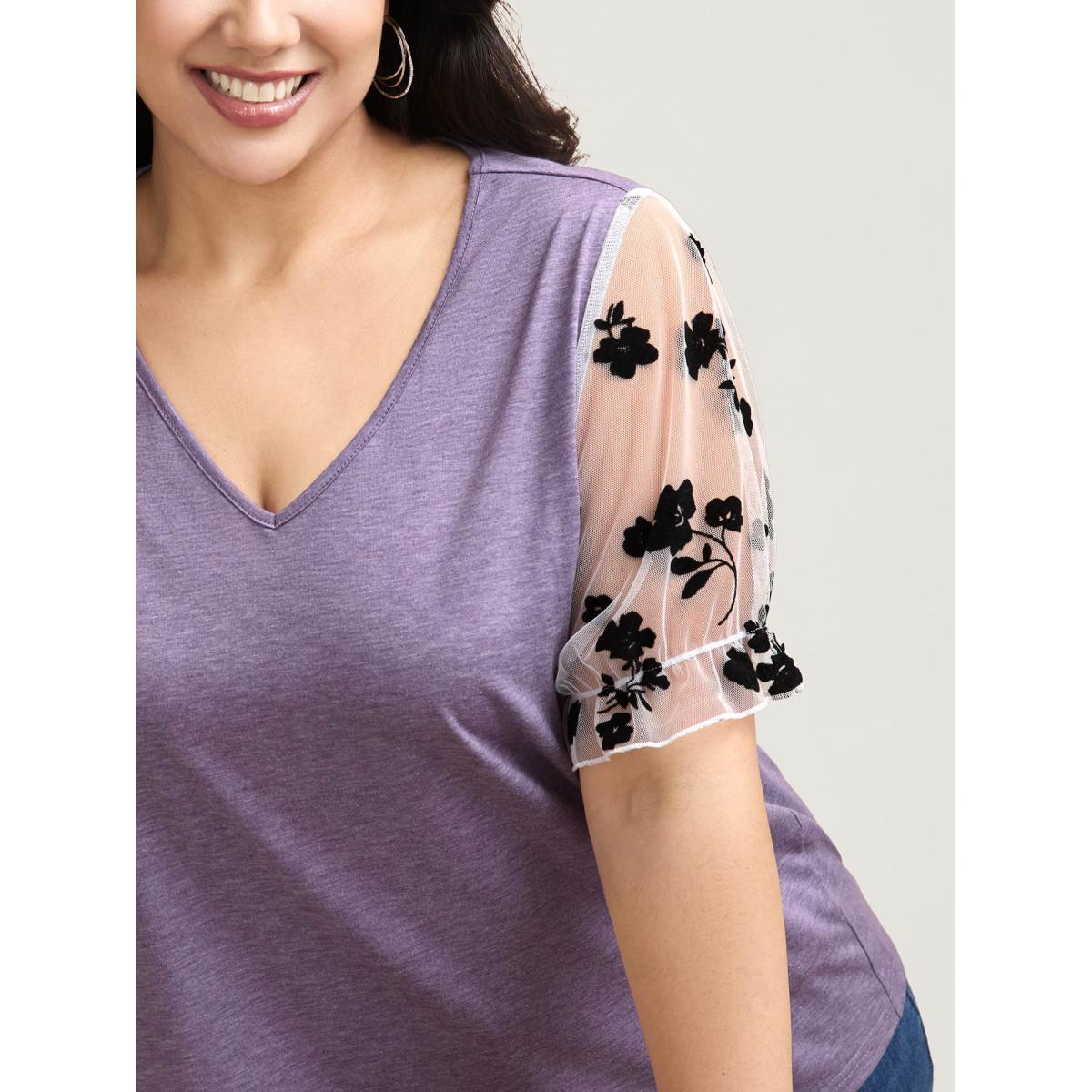 Plus Size Mixed Material Sheer Sleeve T-Shirt Heather Women Casual See through V-neck Everyday T-shirts BloomChic 28/5X Product Image