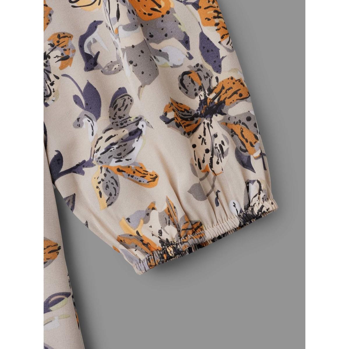 Plus Size Floral Stretchy Waist-Cinched Pocket Dress Tan Women Elegant Non Round Neck Long Sleeve Curvy BloomChic 18-20/2X Product Image