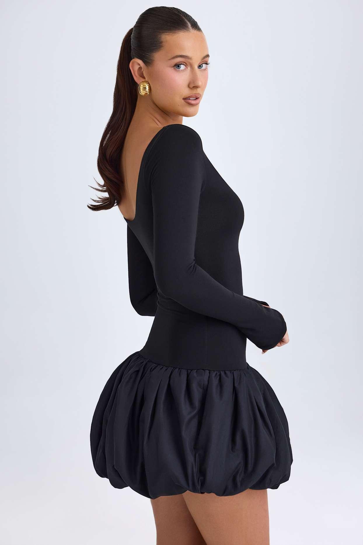 Scoop-Neck Drop-Waist Bubble Hem Mini Dress in Black Product Image