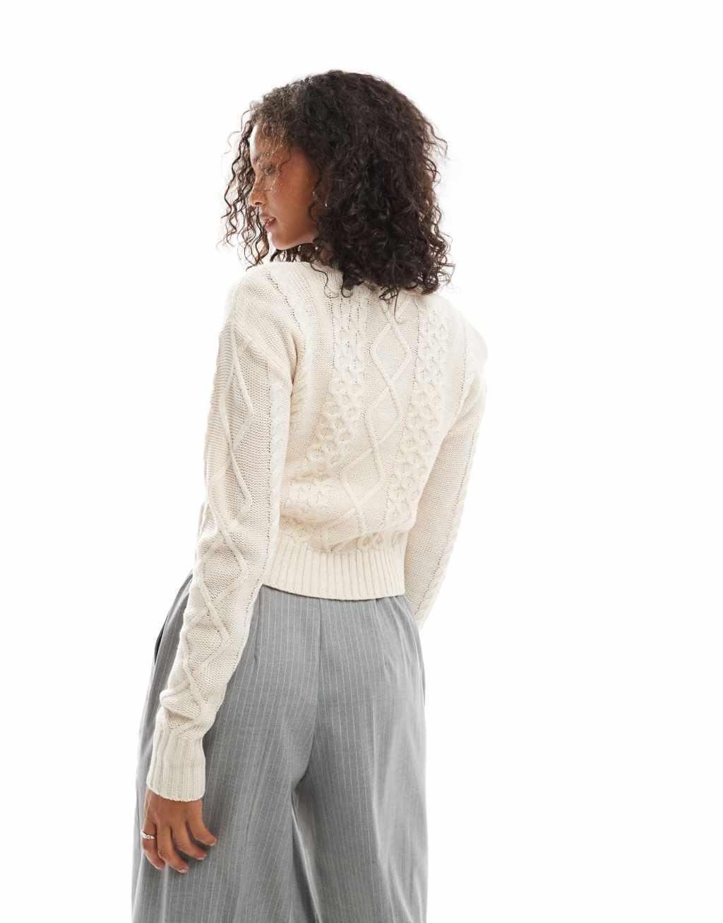 Threadbare cropped cable knit cardigan in cream Product Image