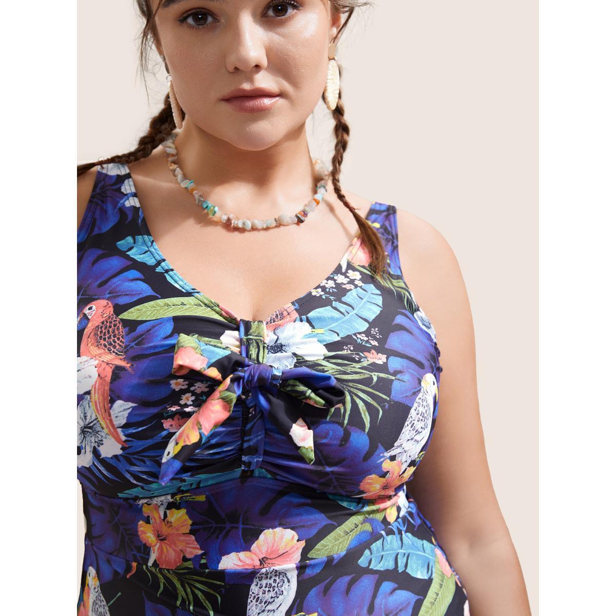 Plus Size Tropical Print Knotted Tummy Control One Piece Swimsuit Women's Swimwear Multicolor Beach Non Curve Bathing Suits High stretch One Pieces BloomChic 22-24/3X Product Image