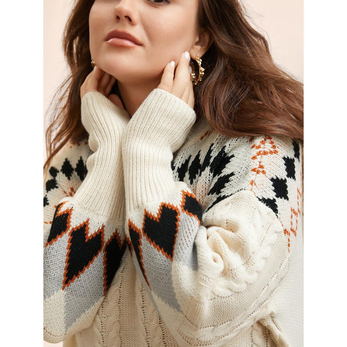 Plus Size Fair Isle Crew Neck Split Hem Pullover Beige Women Casual Long Sleeve Round Neck Everyday Pullovers BloomChic 22-24/3X Product Image