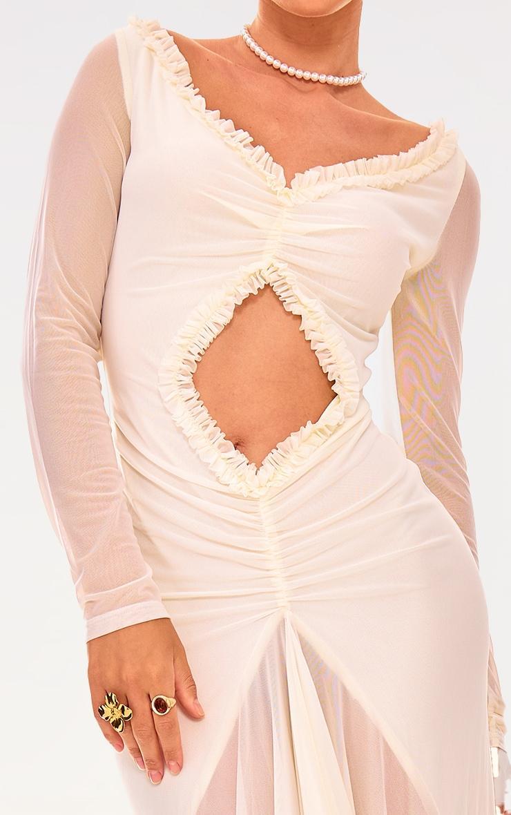 Cream Mesh Long Sleeve Frill Detail Cut Out Maxi Dress Product Image