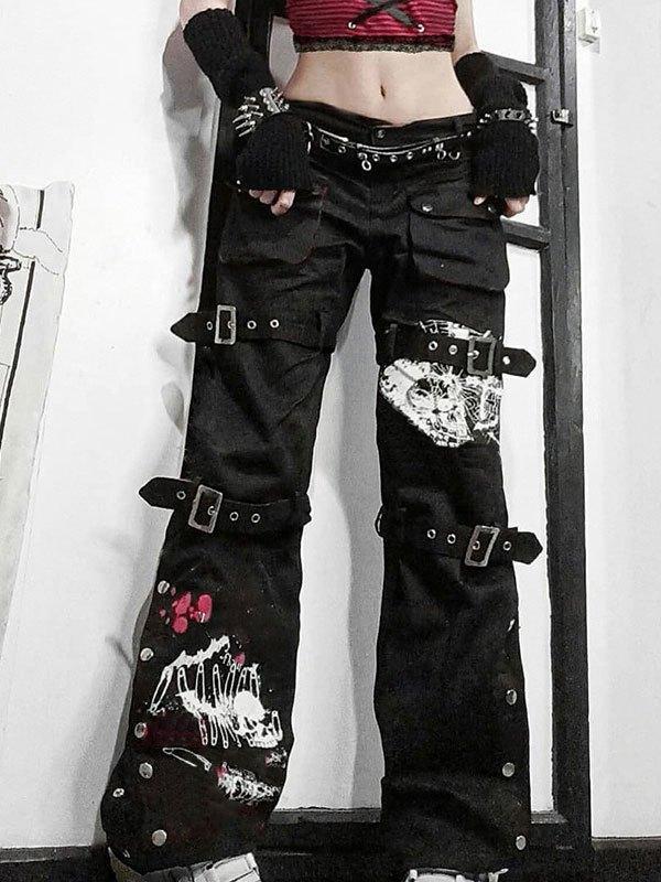 Buckle Strap Printed Cargo Jeans Product Image