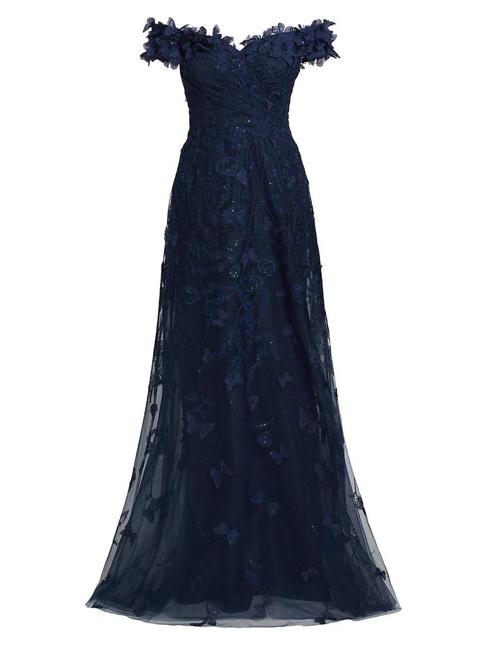Womens Butterfly Appliqu Lace-Tulle Off-The-Shoulder Gown Product Image