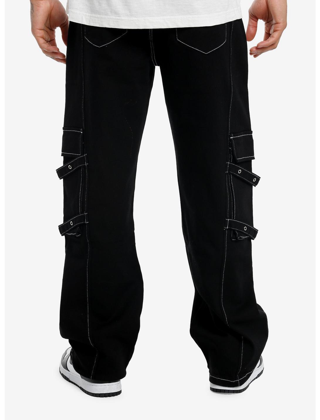 Black & White Contrast Stitch Grommet Strap Cargo Pants Product Image