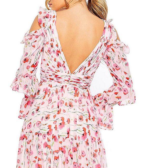 Mac Duggal Floral Print V-Neck Long Sleeve Tiered Ruffled A-Line Gown Product Image