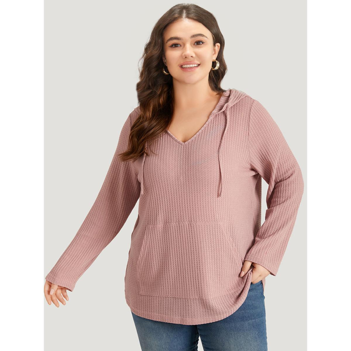 Plus Size Plain Waffle Knit Pocket Drawstring Hooded Sweatshirt Women Pink Casual Plain Hooded Dailywear Sweatshirts BloomChic 28/5X Product Image