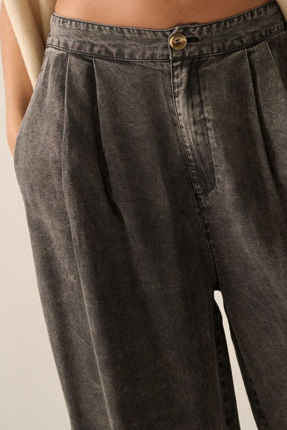 Pleated Wide Leg Light Denim Pants Product Image