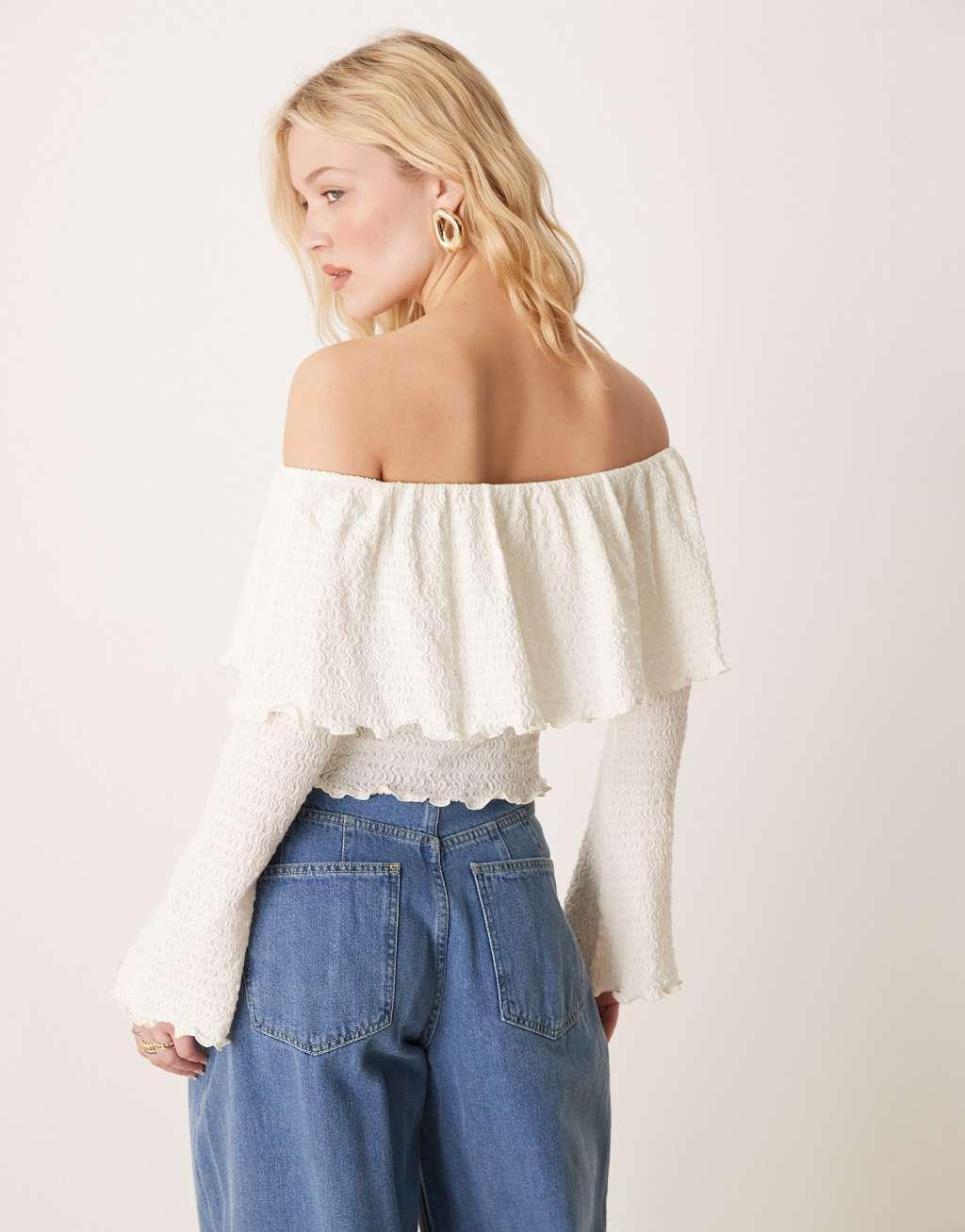 ASOS DESIGN wavy textured bardot top with fluted cuff detail in cream Product Image