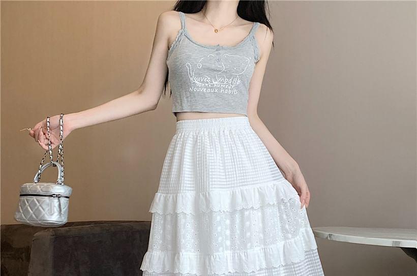 Elastic Waist Plain Embroidered Eyelet Tiered Panel Maxi A-Line Skirt Product Image