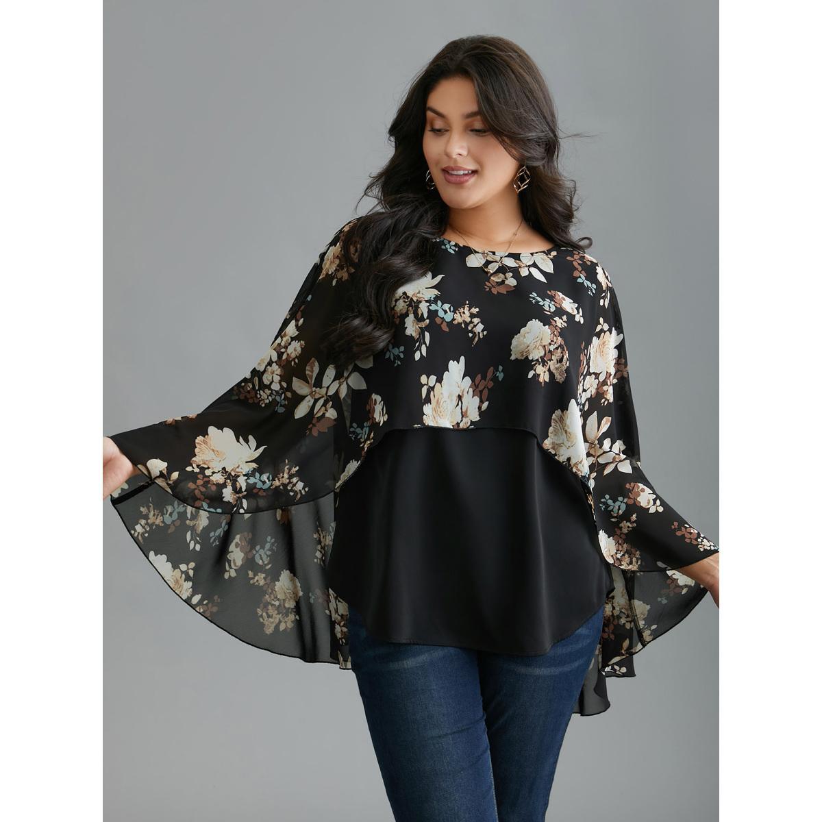 Plus Size Black Floral Chiffon High Low Hem Ruffles Blouse Women Elegant Three Quater Length Sleeve Round Neck Everyday Blouses BloomChic 28/5X Product Image