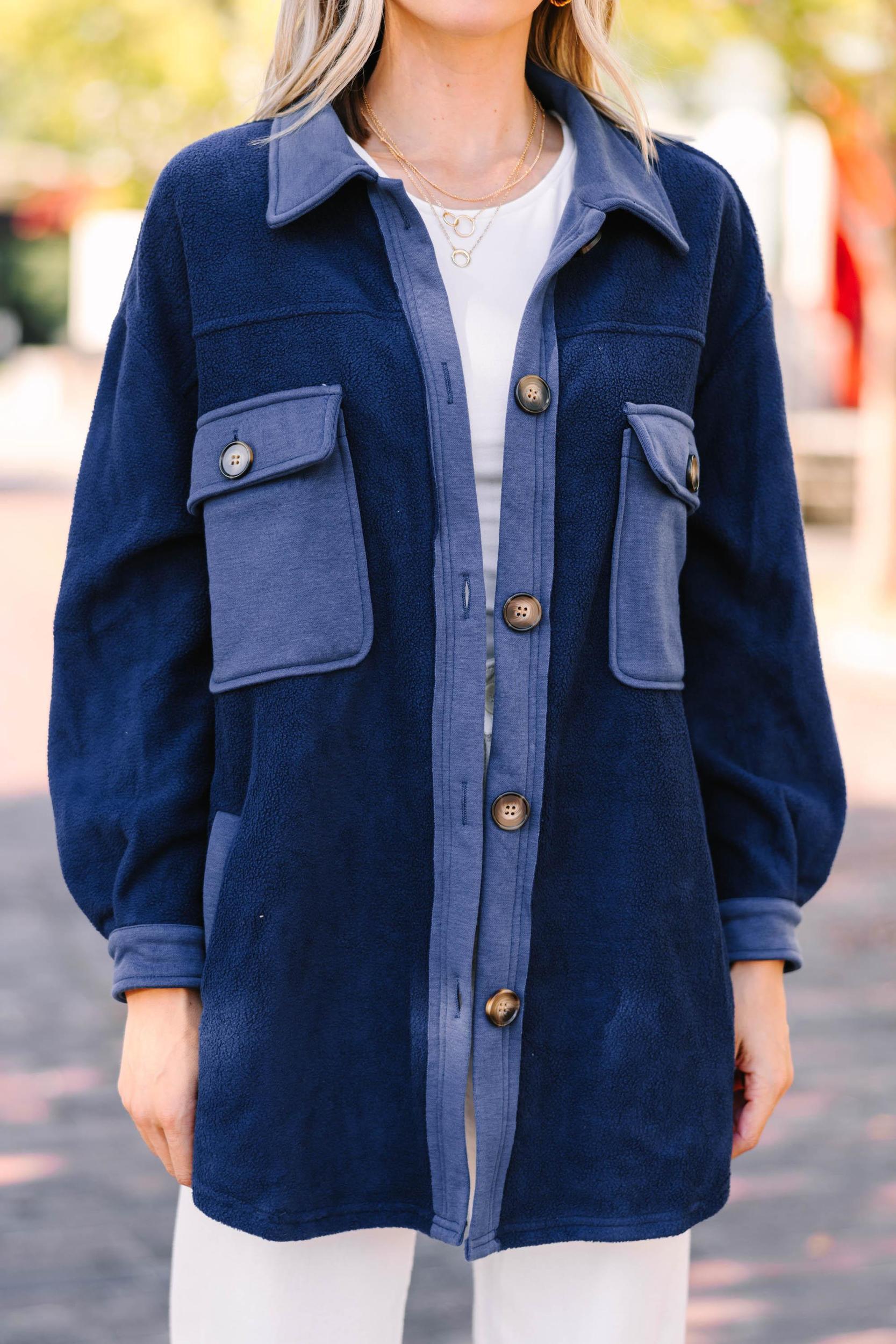 What I Like Navy Blue Fleece Shacket Female Product Image