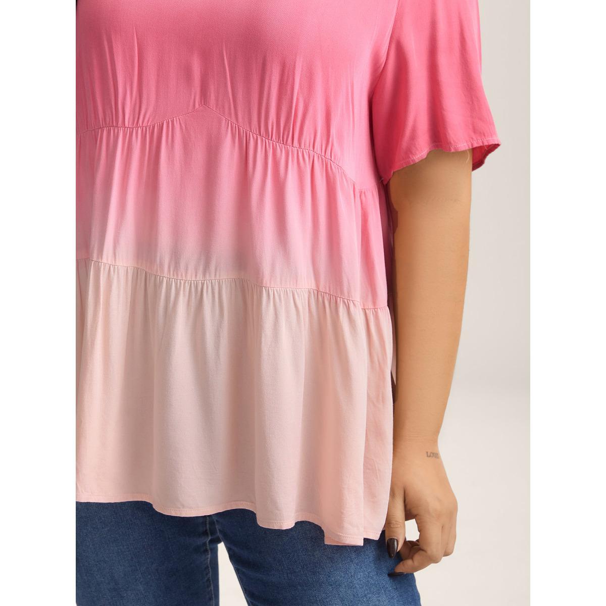 Plus Size Peach Rayon Tie-Dye V-Neck Tiered Blouse Women Short sleeve V-neck Vacation Blouses BloomChic 14-16/1X Product Image