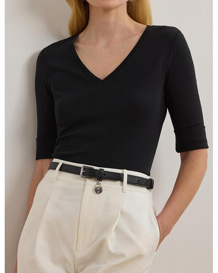 Petite Stretch Cotton Elbow-Sleeve V-Neck Tee Product Image