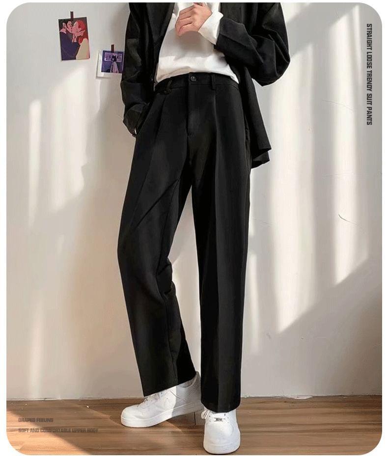 Mid Rise Plain Straight Leg Dress Pants Product Image