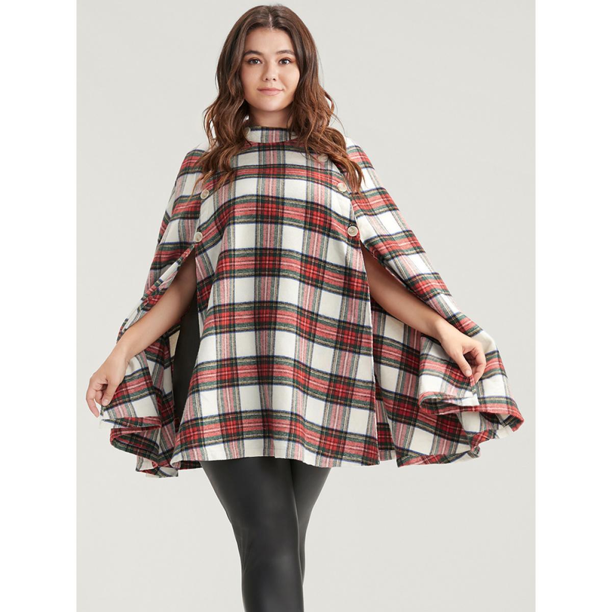 Plus Size Tartan Button Side Cape Coat Without Hat Women Apricot Elegant Button Loose Ladies Dailywear Winter Coats BloomChic 18-20/2X Product Image