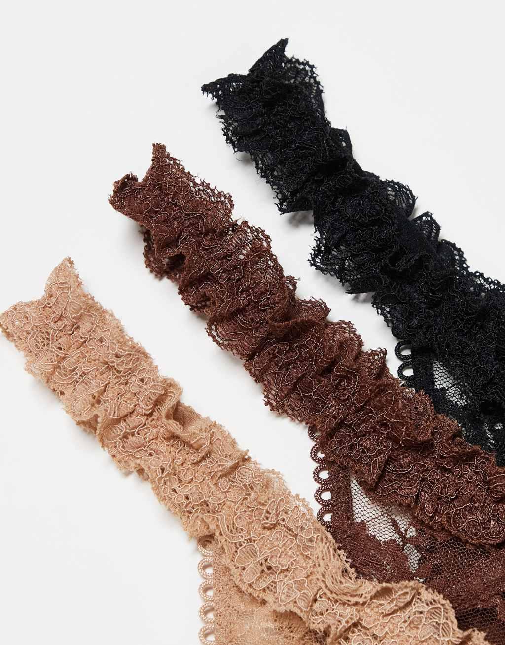 ASOS DESIGN 3 pack vintage ruffle thong in caramel, chocolate & black Product Image