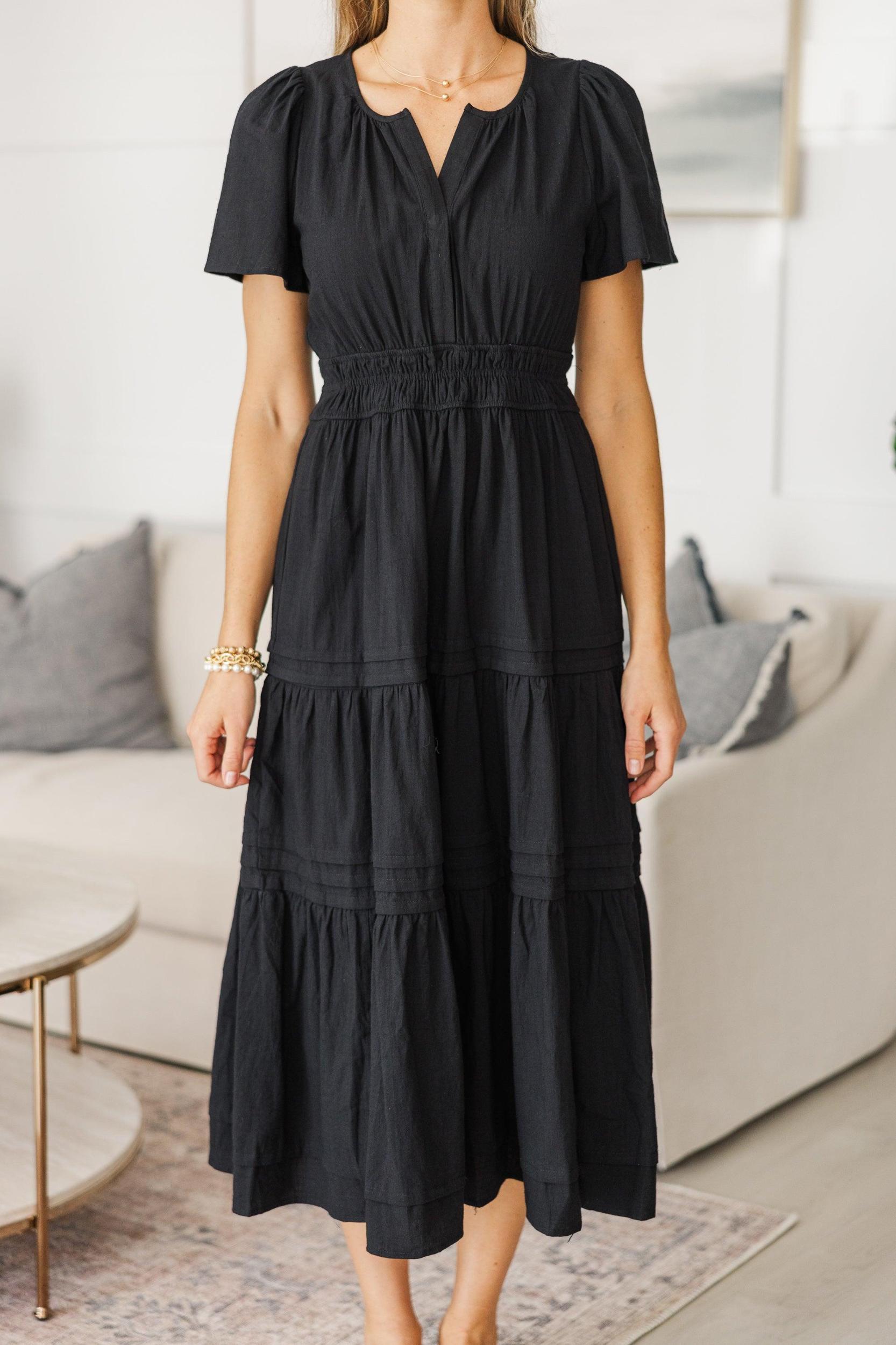 NURSING COLLECTION: It's In The Air Black Tiered Midi Dress Female Product Image