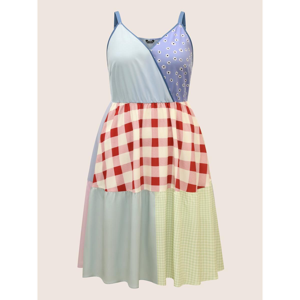 Plus Size Overlap Collar Plaid Patchwork Midi Dress Multicolor Women Casual Overlap Collar Sleeveless Curvy BloomChic 26/4X Product Image
