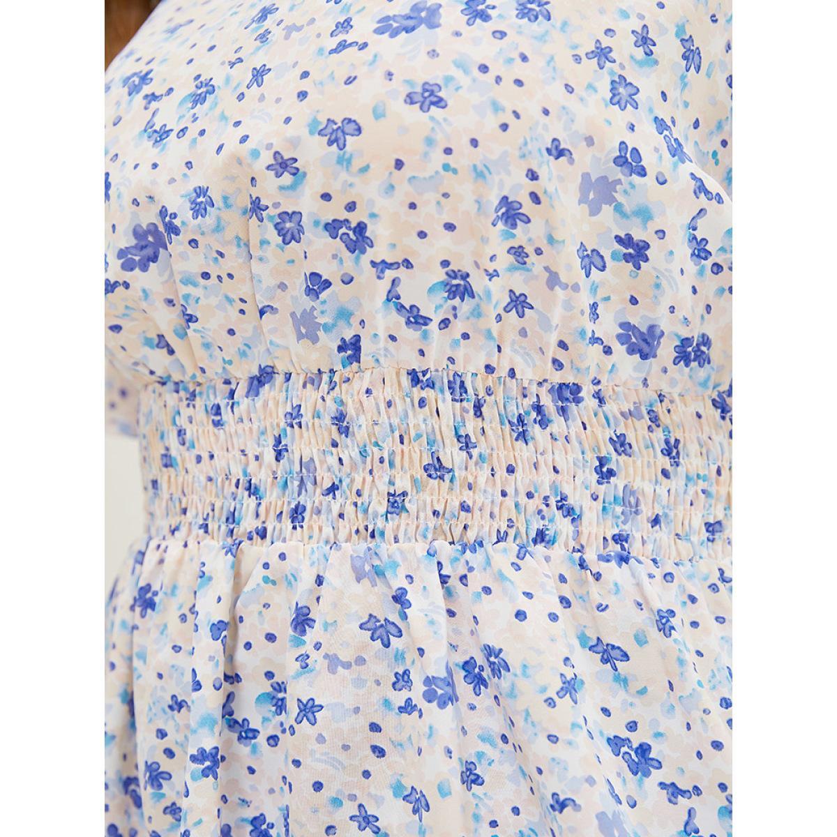 Plus Size MistyRose Ditsy Floral Notched Shirred Flutter Sleeve Blouse Women Elegant Short sleeve Notched collar Dailywear Blouses BloomChic 12/L Product Image