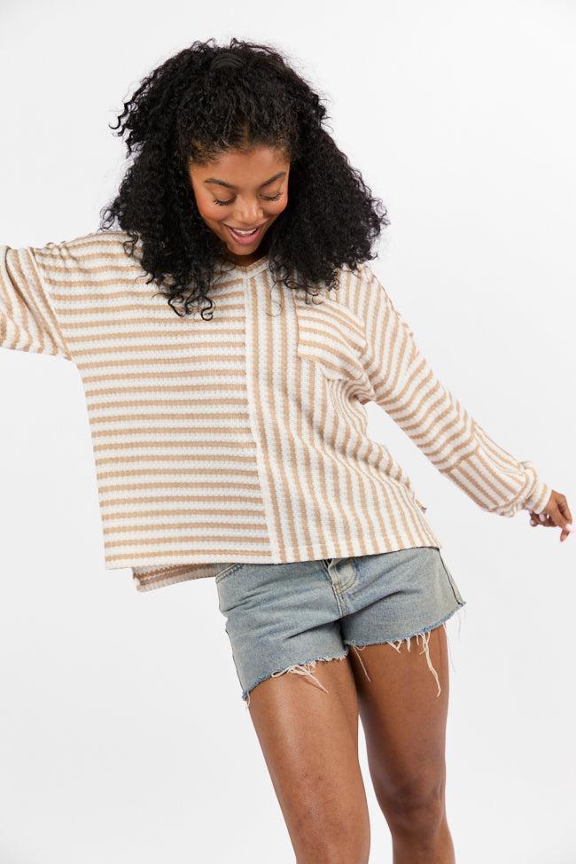 All For Sun Tan and Ivory Striped Knit V-Neck Long Sleeve Tee FINAL SALE Product Image