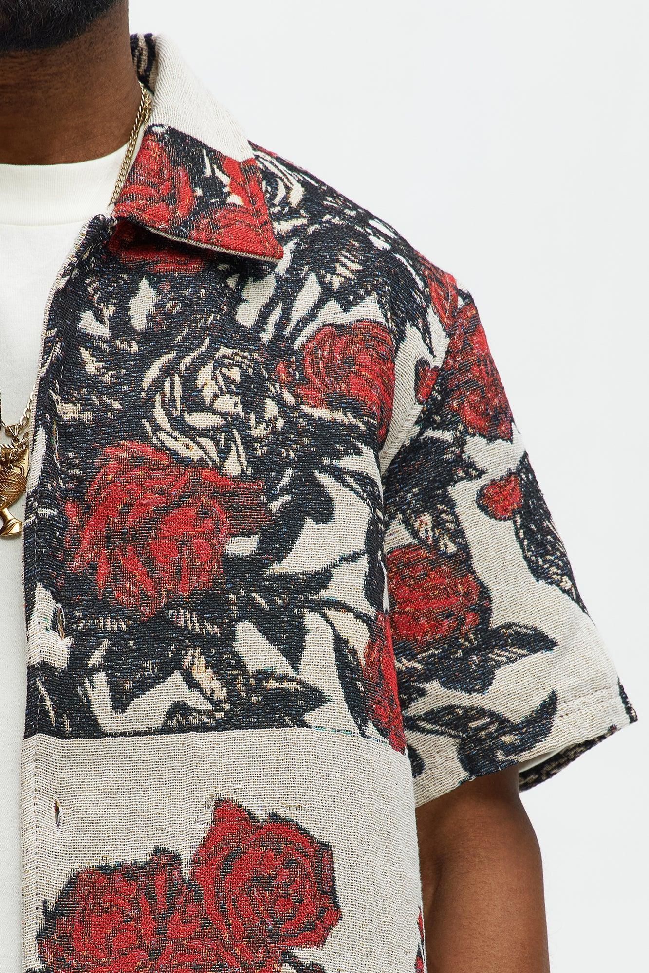 Petals Tapestry Short Sleeve Button Up Shirt - Red/combo Product Image