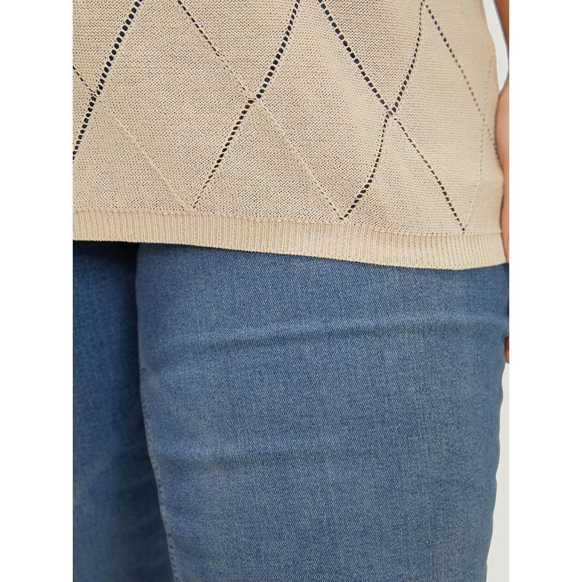 Plus Size Lightweight Argyle Eyelet Batwing Sleeve Pullover Apricot Women Casual Short sleeve Round Neck Everyday Pullovers BloomChic 18-20/2X Product Image