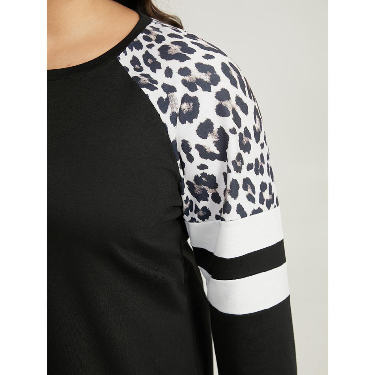 Plus Size Leopard Striped Patchwork Raglan Sleeve Sweatshirt Women Black Casual Contrast Round Neck Dailywear Sweatshirts BloomChic 14-16/1X Product Image