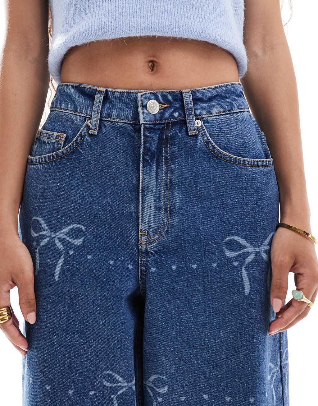 Miss Selfridge petite bow print baggy jeans Product Image