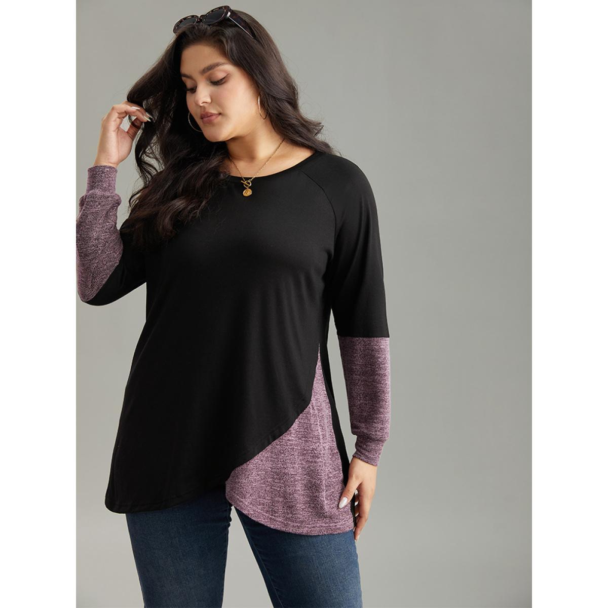 Plus Size Two Tone Patchwork Heather Arc Hem T-shirt Black Women Casual Contrast Plain Round Neck Dailywear T-shirts BloomChic 26/4X Product Image