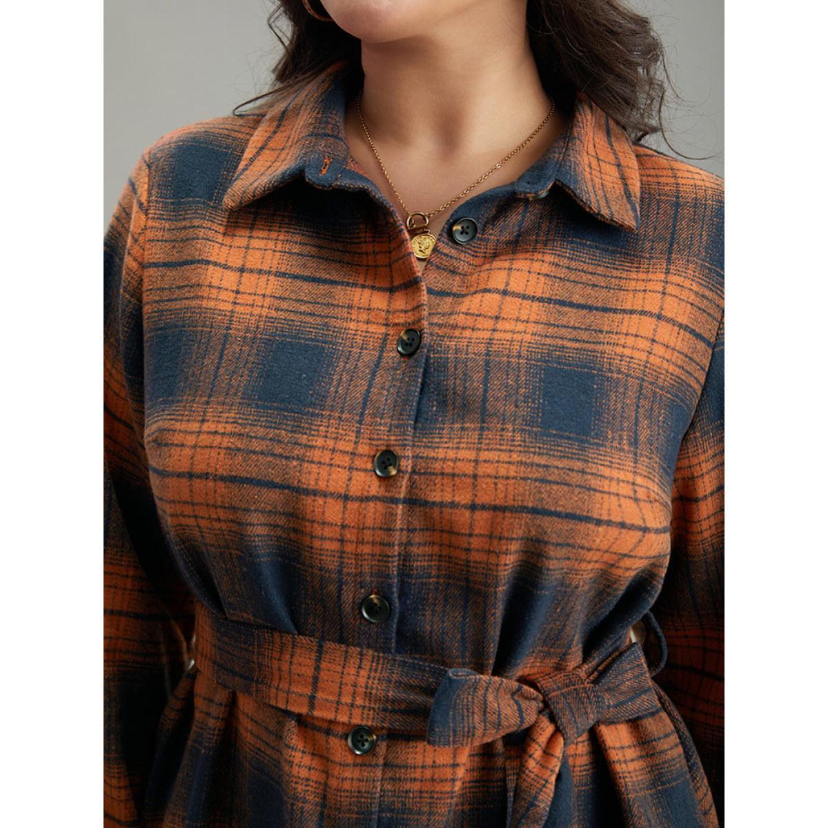 Plus Size Plaid Shirt Collar Belted Button Through Dress Rust Women Casual Belted Shirt collar Long Sleeve Curvy Midi Dress BloomChic 30/6X Product Image