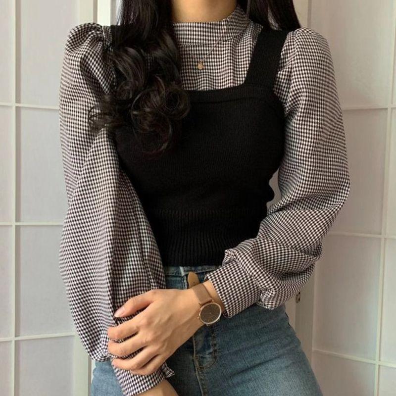 Set: Plaid Blouse + Knit Camisole Product Image