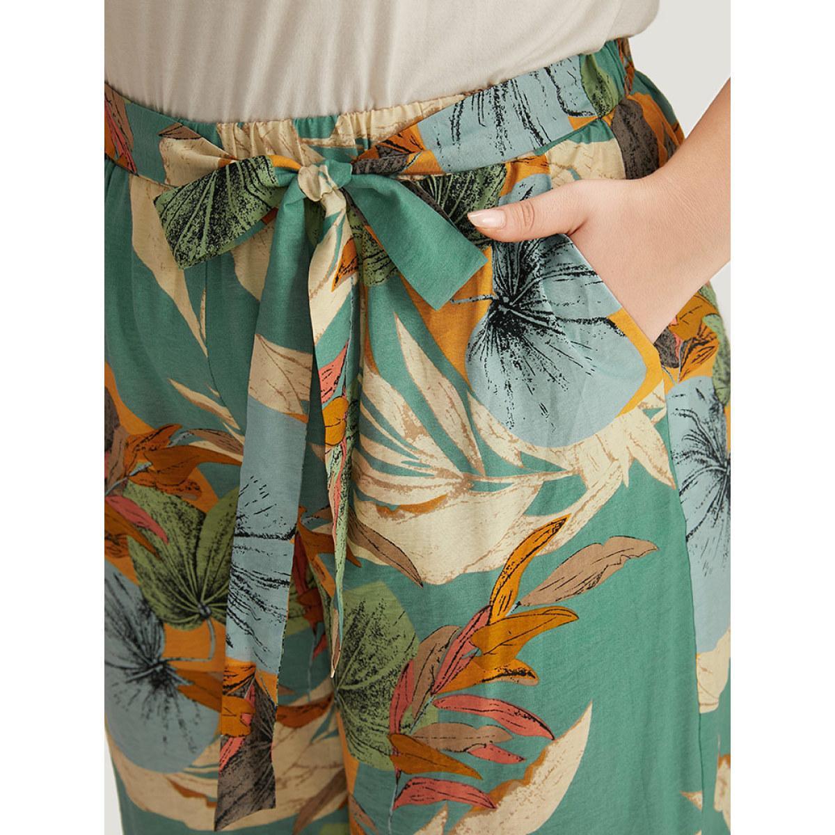 Plus Size Plants Print Elastic Waist Ties Pants Women Mint Vacation Straight Leg High Rise Dailywear Pants BloomChic 12/L Product Image