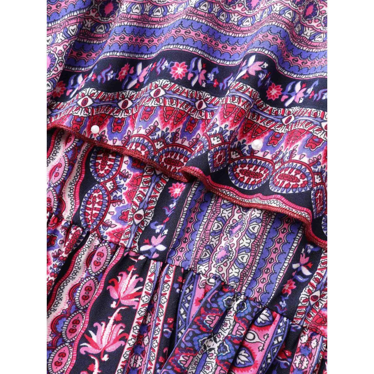 Plus Size Boho Print Stretchy Waist Pockets Midi Dress Deeppurplered Women Resort Tiered V-neck Sleeveless Curvy BloomChic 10/M Product Image