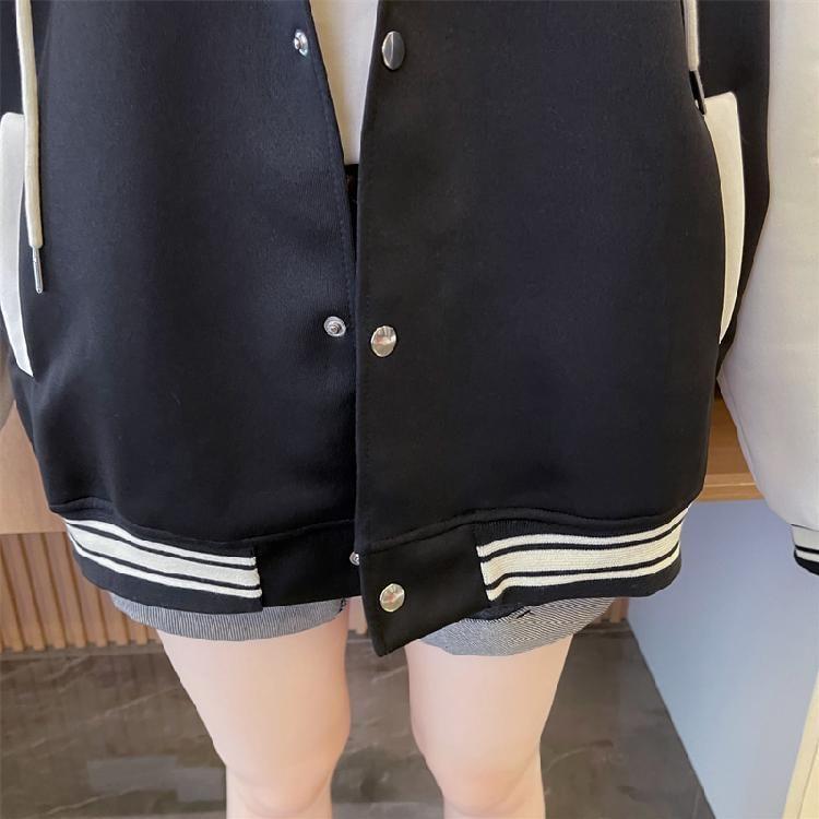 Lettering Embroidered Hooded Button-Up Baseball Jacket Product Image