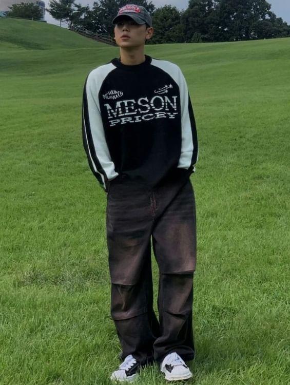 Long Sleeve Color-Block Lettering Print Loose-Fit Sweater Product Image